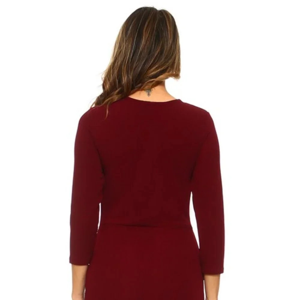 Kangaroo Pockets Solid Red Bodycon Midi Dress Casual Church Office 7/8 Sleeves - Picture 4 of 5